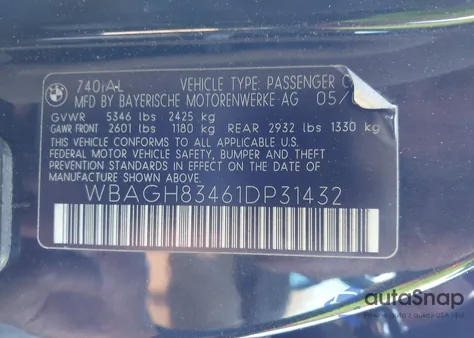 2001 BMW 740 Il z USA, uszkodzony, nr VIN P31432